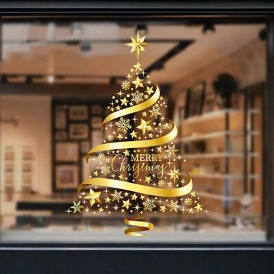 1pc Gold Christmas Tree Decorative Glass Sticker,Shop Window