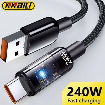 240W Quick Charge USB C Cable - Nylon Braided Transparent Type C High-Speed Charger Data Line for Sa