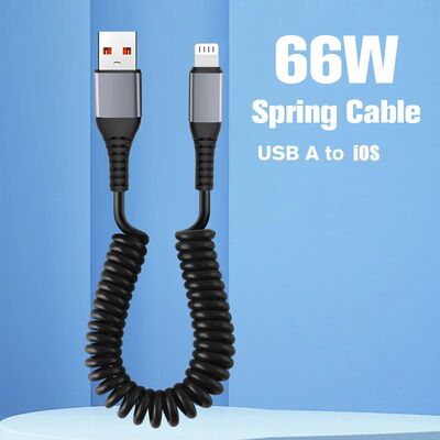 66W Spring Stretch Quick Charging Cable USB A to Lighting For iPhone 14 13 12 11 Pro Max X XS 8 7 iP
