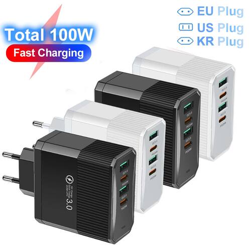 Total 100W 2USB 2PD Charger Quick Charger for iPhone 15 Pro Max 14 Oneplus 4 Ports Travel Plug Phone