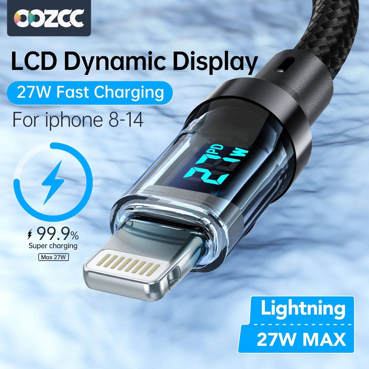 PD 27W Quick Charge Cable LCD Display Transparent Shell Data Transfer USB A Type-C to Lightning Cord