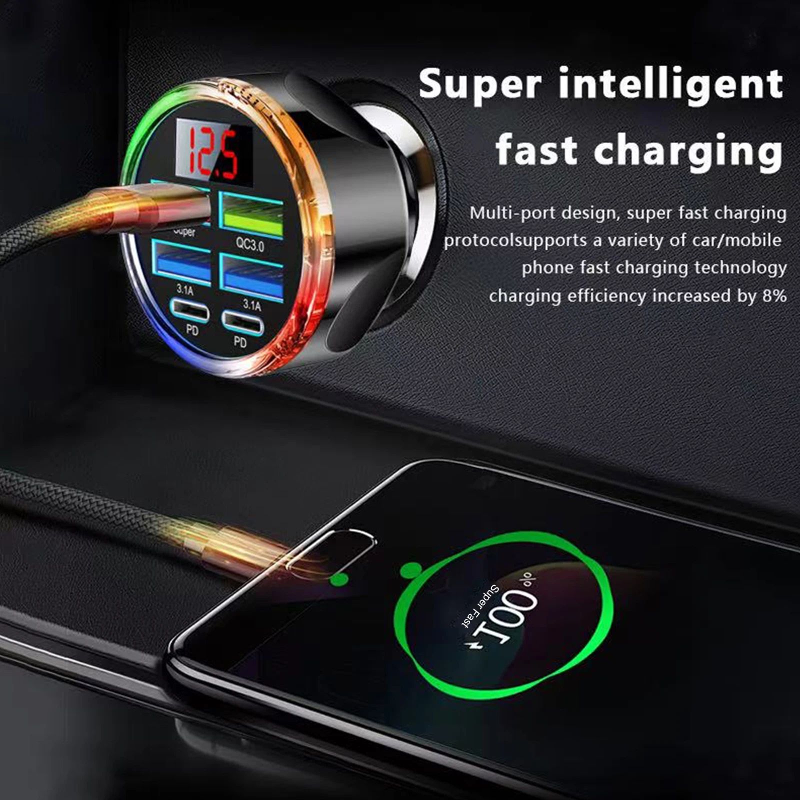 6In1 Multi Port USB C Car Charger with Volt Meter Super Quick Adapter with Voltage Display Dual PD Q
