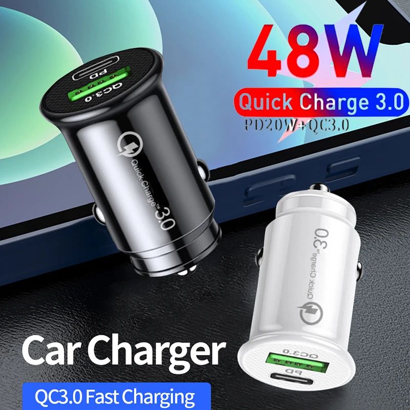 Dual USB Car Charger 48W Quick Charing USB C PD Car Cigarette Socket Lighter For iPhone Samsung Huaw