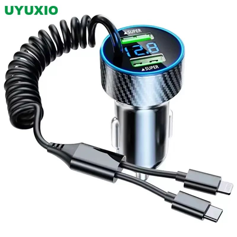 USB Car Phone Charger Adapter with Retractable Cable LED Voltage Monitor 4In1 Super Quick Charge for