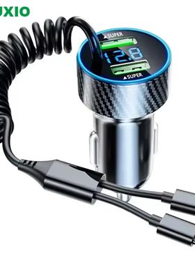 USB Car Phone Charger Adapter with Retractable Cable LED Voltage Monitor 4In1 Super Quick Charge for