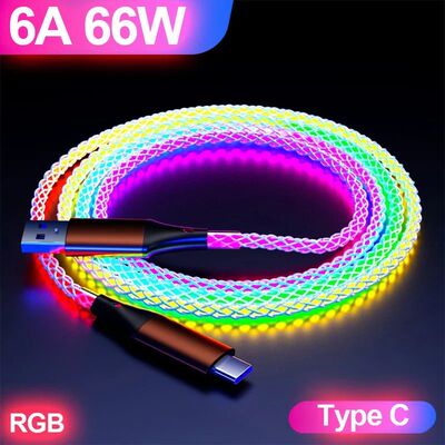 66W 6A Quick Charging Data Cable RGB Light USB Type C Micro Data Cord For iPhone 14 Pro Max Redmi 13
