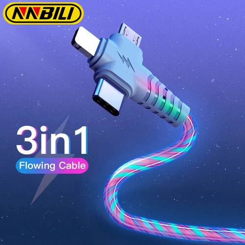 3In1 Flow Luminous USB Cable For Samsung LED USB To Micro USB/TypeC/8 Pin Charger Wire Cord For iPho