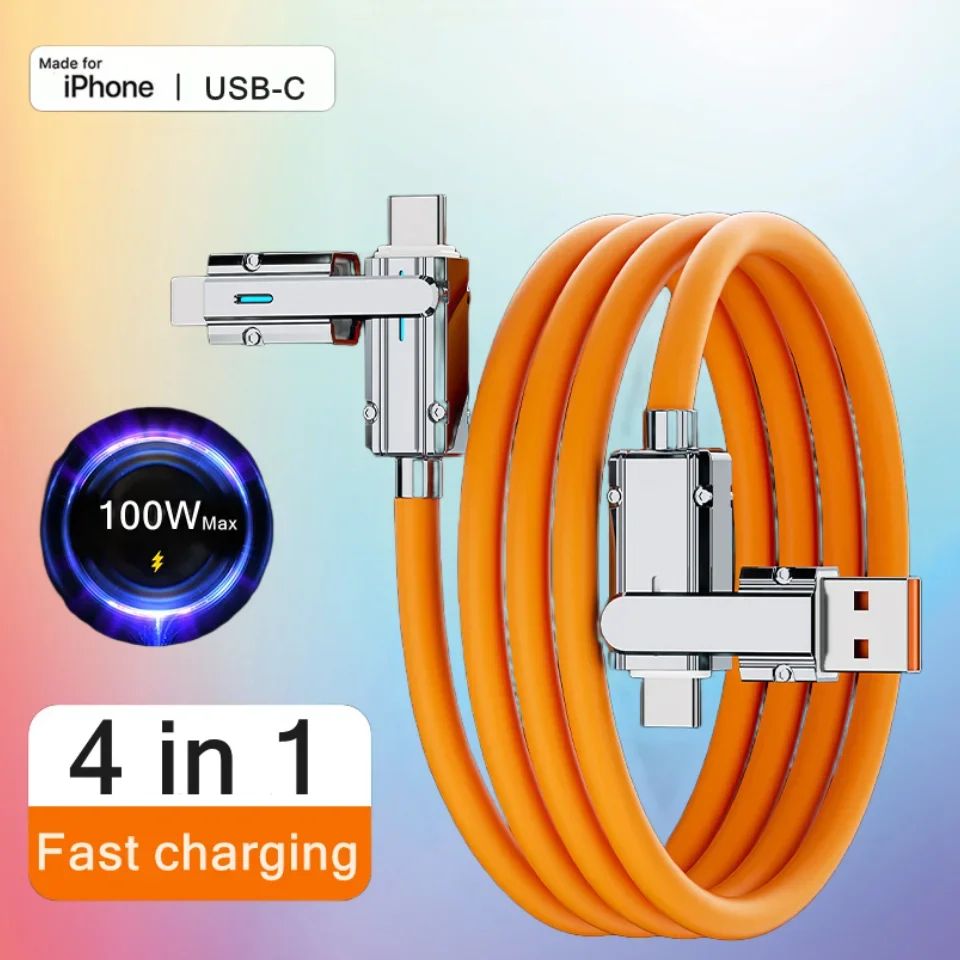 100W 4In1 USB Quick Charging Cable For IPhone Samsung Mobile Phones USB Type C Tablet Charging Cable