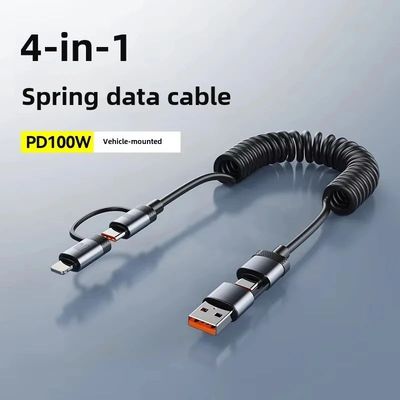 100W Dual Drag Spring Data Cable USB Type C For iPhone 15 Huawei 6A Extendable Four-In-One USB C Qui