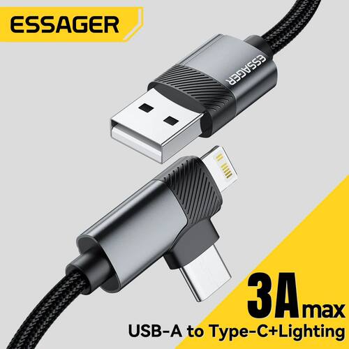 2-in-1 Right Angle Cable USB A To Typec Lighting 3A Quick Charging Elbow Data Cable For iPhone 16 15