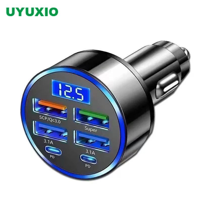 6In1 USB C Car Phone Charger Adapter with Voltage Display Super Quick ChargeInCar for iPhone 16 15 P