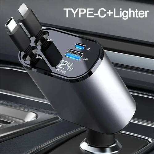 4In1 120W Car Charger Retractable Car Cigarette Lighter Adapter USB Type C Quick Charger Cable For I
