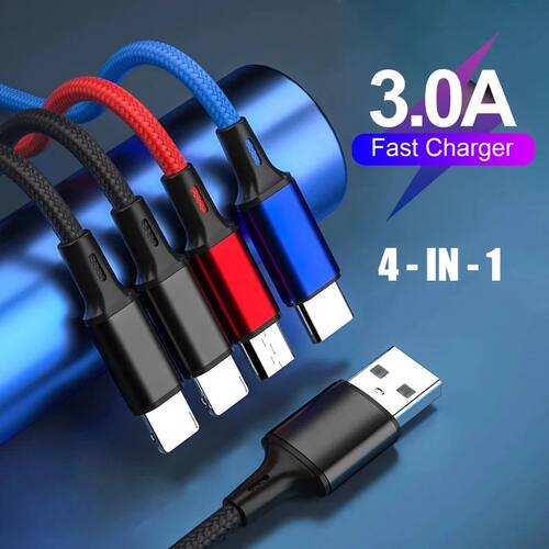 4In1 USB Cable For iPhone 3In1 USB A To Micro USB/Type C/8 Pin Charger Kable 3A Quick Charging Cabl