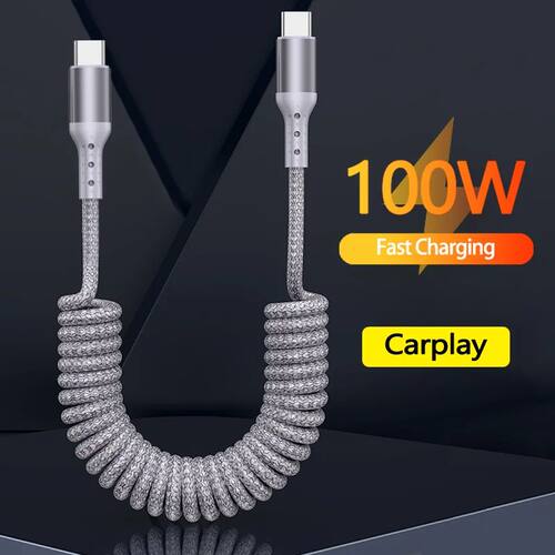 25CM To 1.5M Car Spring Charge Cable 100W Quick Charging USB C To Type C Cable For iPhone 16 15 Huaw