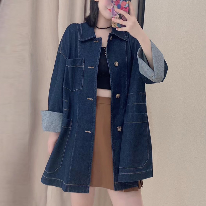 年阿玛施新特官网2021夏秋新款宽松百搭女装松紧腰休闲牛仔外套