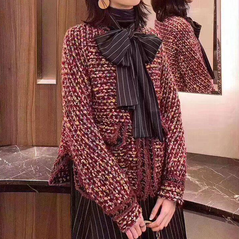 年阿玛施新特官网2021秋新款宽松百搭女装粗花呢长袖小香风短外套