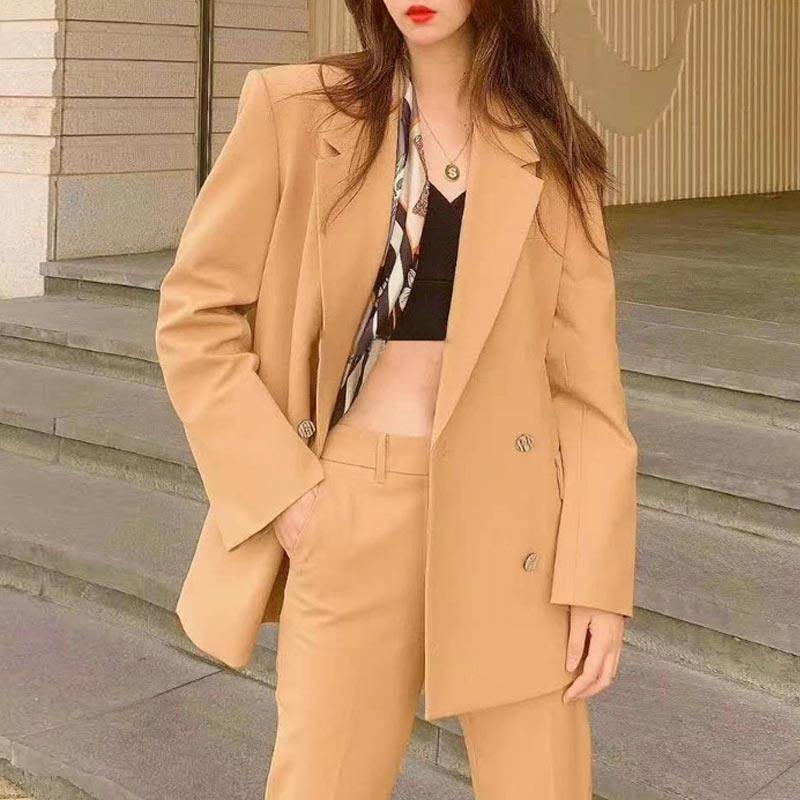 年阿玛施新特2021秋季新款宽松百搭女装双排扣长袖西装外套