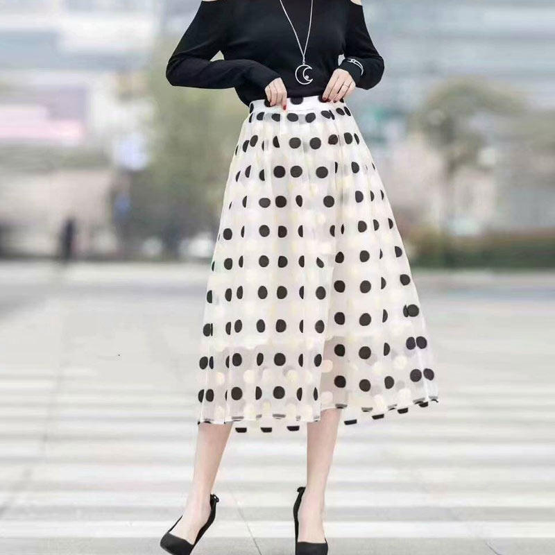年阿玛施新特2021夏季新款女装时尚过膝波点半身裙伞裙百搭中长裙