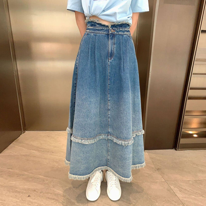 年阿玛施新特官网2021秋季新款百搭女装长款睫毛边A字牛仔半身裙