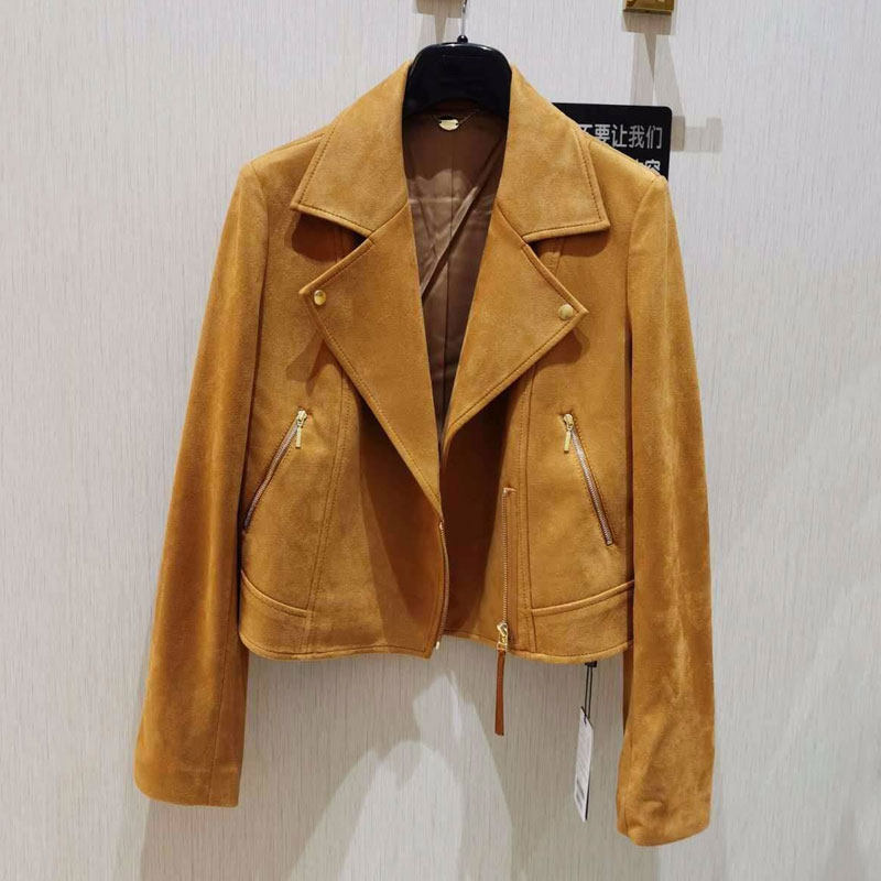 年阿玛施新特官网2021秋季新款高腰女装翻领机车服绒面夹克短外套