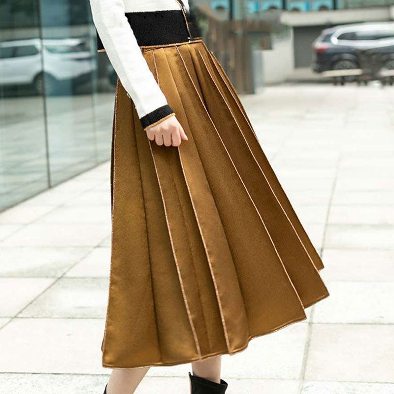 年阿玛施新特2021秋季新款高腰百搭女装光面A字裙百褶半身裙