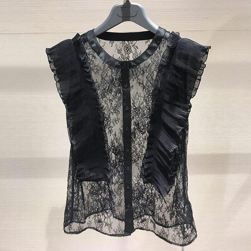 年阿玛施新特官网2021夏新款百搭女装圆领蕾丝衬衣荷叶边无袖衬衫