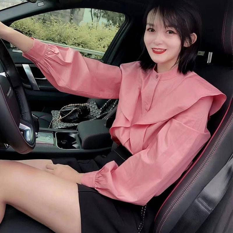 年阿玛施新特官网2021秋季新款百搭女装荷叶边衬衣纯色长袖衬衫