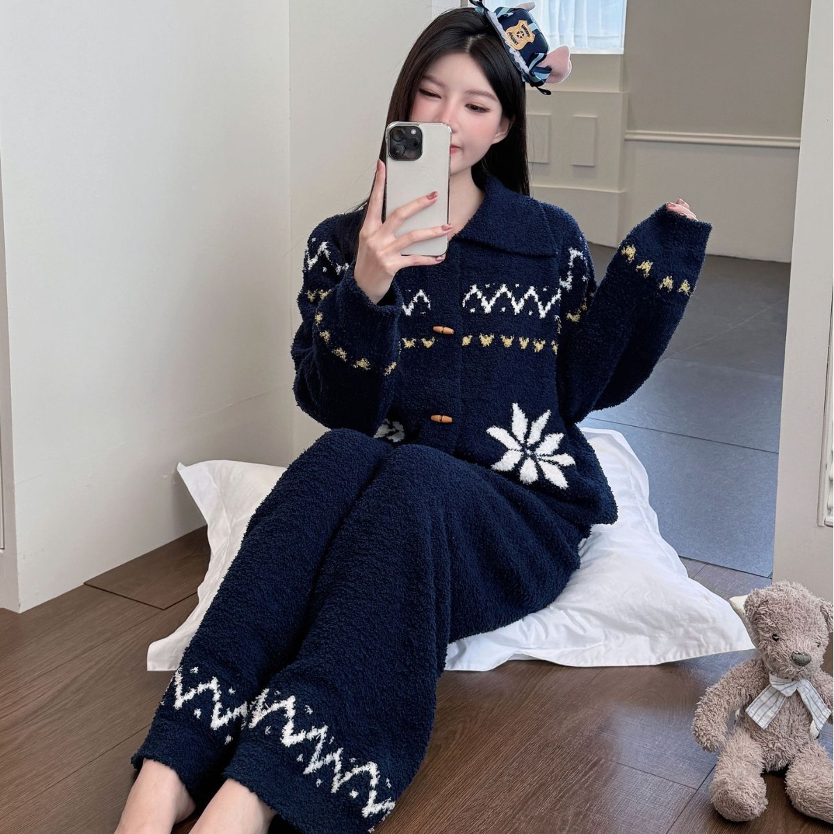 秋冬新款加绒加厚保暖睡衣女慵懒风软糯宽松休闲可外穿家居服套装