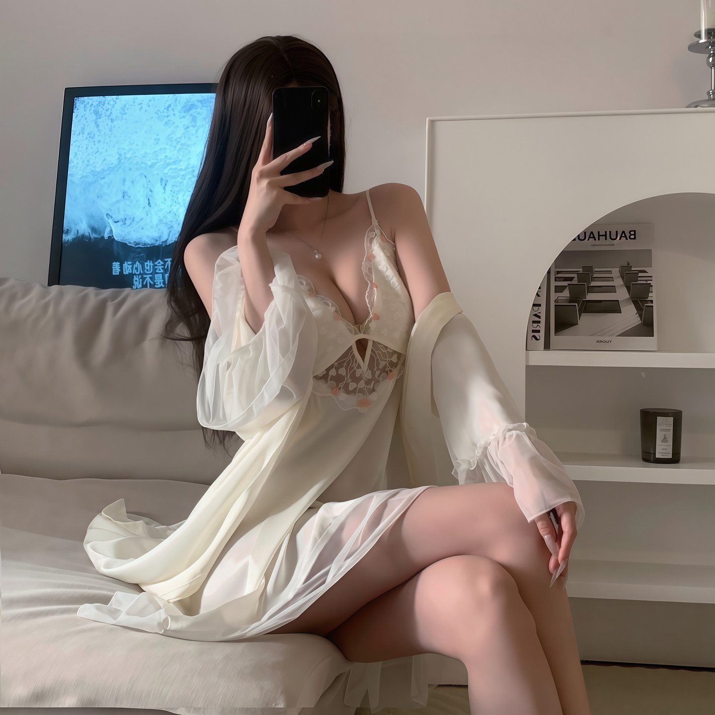 黑色纯欲网纱性感睡衣女夏冰丝绸高级感蕾丝诱惑情调妩媚睡裙套装