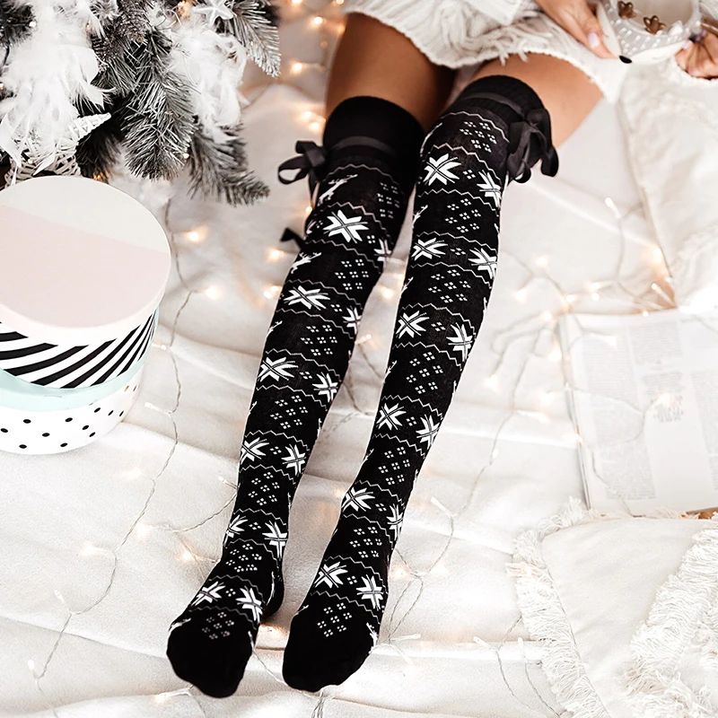 Thigh High Socks for Women Xmas Snowflake Reindeer Cotton Ov