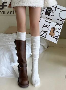 Spring Knee Length Stockings for Women White Pile Socks Fash