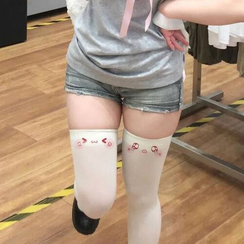 Japanese Kawaii Expression Thigh Socks White Print Long Sock