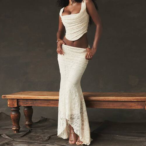 Elegant Women 2Pc Dress Set Maxi Wedding Guest Dress Lace Up