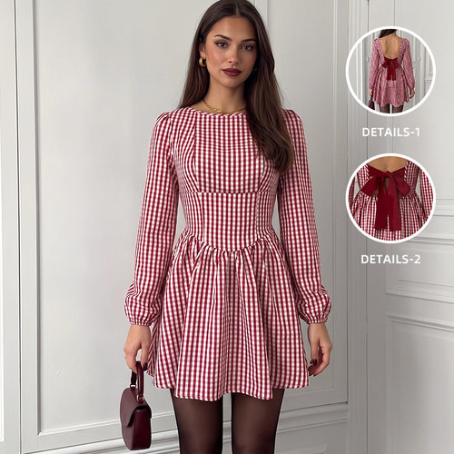 2026 Christmas French Retro Backless Bow Plaid Dress
