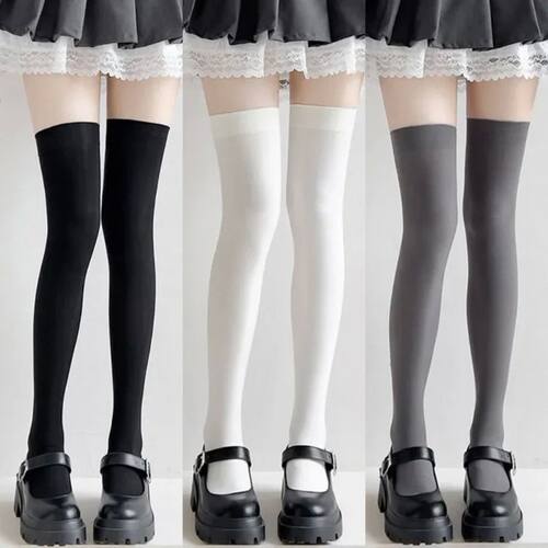 Women's Sexy Solid Color Black White Thigh High Socks Cute L