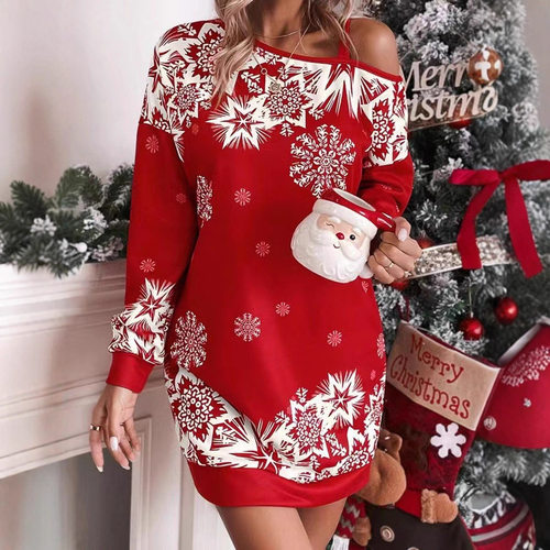 Women's Christmas Element Snowflake Print Long-sleeved Slant