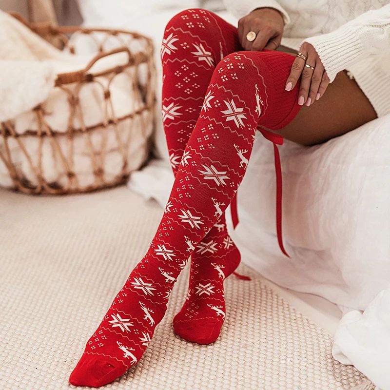 Women's Christmas Knit Stockings Snowflake Print Long Stocki