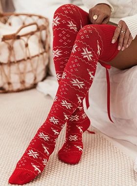 Women's Christmas Knit Stockings Snowflake Print Long Stocki