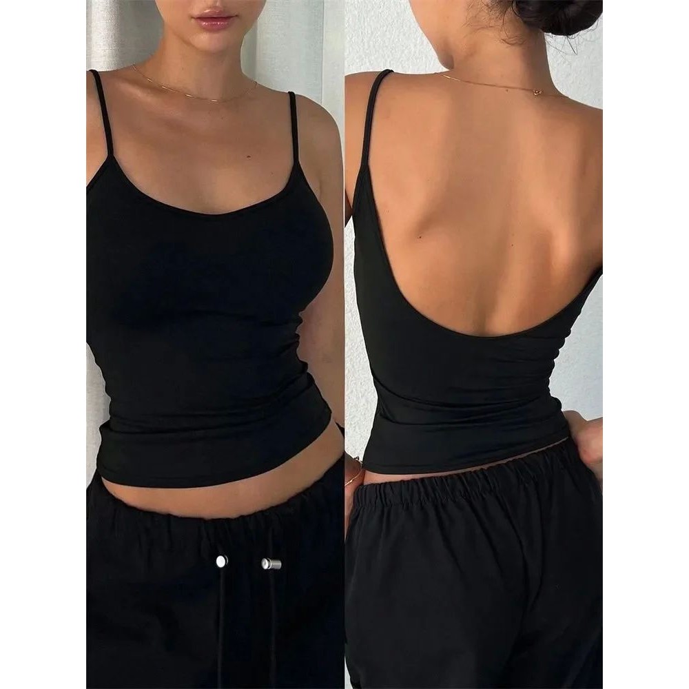 Women Backless Cami Crop Top Summer Solid Color Casual Sleev