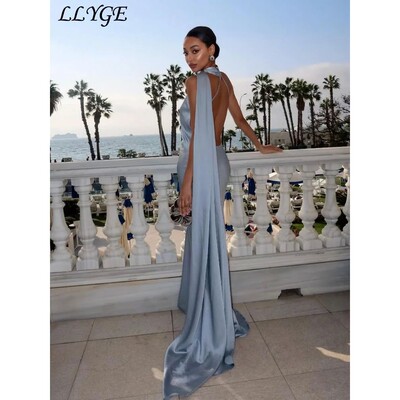 Elegant Women's Ribbon Long Satin Party Dress Halter Backles