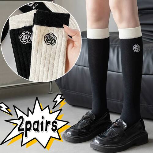 1/2pairs Black White Camellia Rose Socks Spring Autumn JK Hi