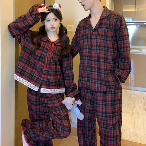 Korean Ins Christmas Red Couple Plaid Lace Doll Collar Pajam