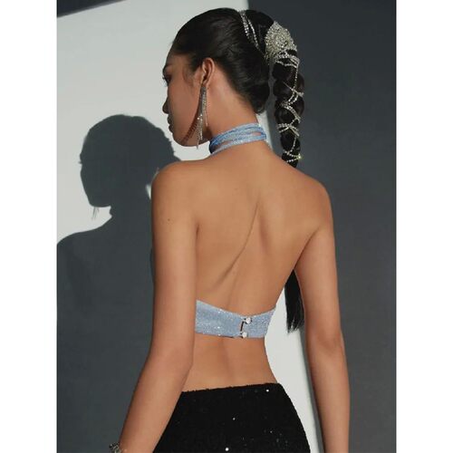 Halter Top Glitter Tanks Summer Outfits Blue Bright Silk Cam