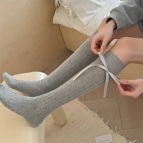 Long Women's Socks Solid Color Bow Sweet Knee High Socks Fem