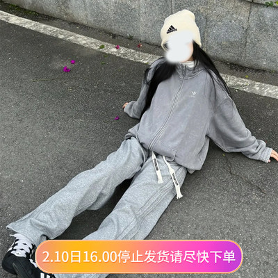 阿迪达斯三叶草女子复古水洗做旧连帽运动休闲宽松卫衣外套IY8039