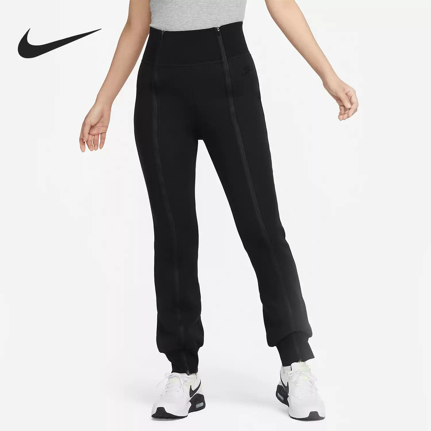 Nike耐克TECH女士高腰针织修身休闲运动拉链小脚长裤 FN7130-010