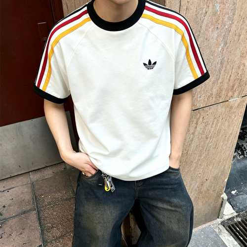 阿迪达斯三叶草男士半袖经典纯棉三条纹运动圆领短袖T恤 KC8641