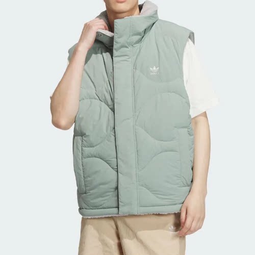 阿迪达斯三叶草男子羽绒服马甲冬季双面穿立领保暖毛绒背心IM8439