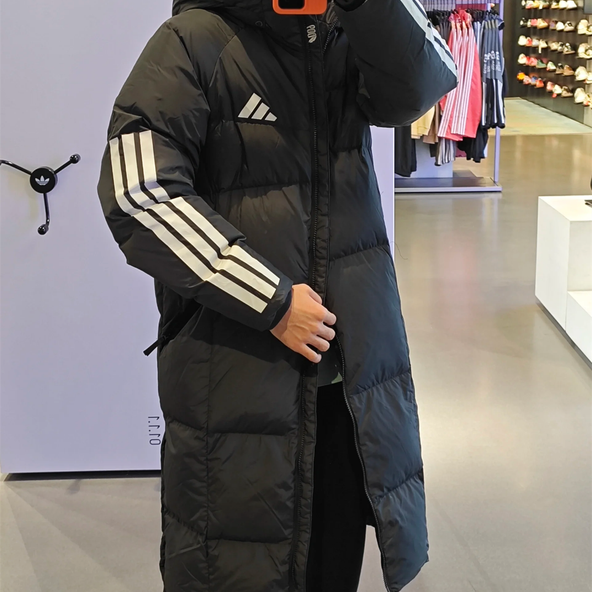 Adidas阿迪达斯男女同款黑色长款休闲连帽600蓬保暖羽绒服 JG3840