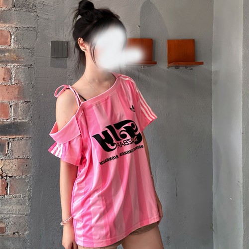 阿迪达斯三叶草女半袖露肩条纹复古足球衫透气训练短袖T恤KD2277